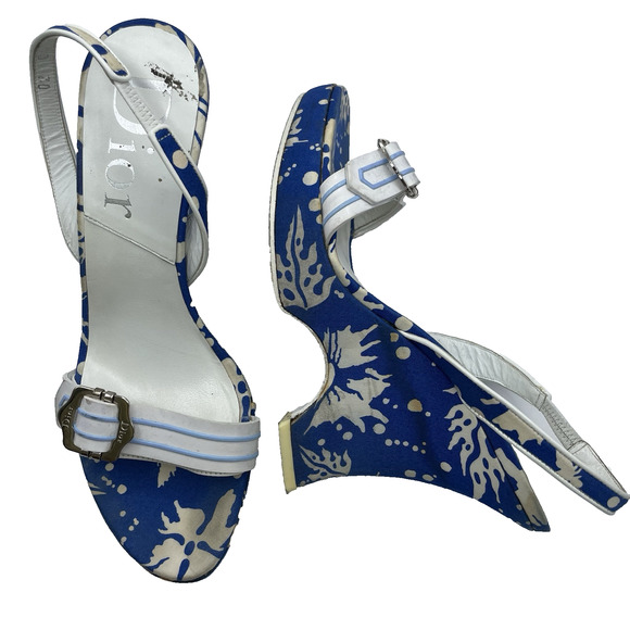 Christian Dior Size 6.5 Canvas Sandals Blue White Printed Wedge Heel Open Toe - Picture 1 of 10